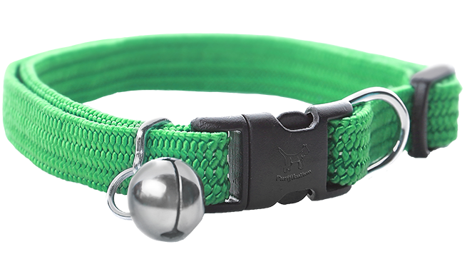 This is a green cat collar. There's a silver, out of cous bell, and
			the black plastic clip used to clip the collar together contains a beveled in 
			version of Purifikation's logo.